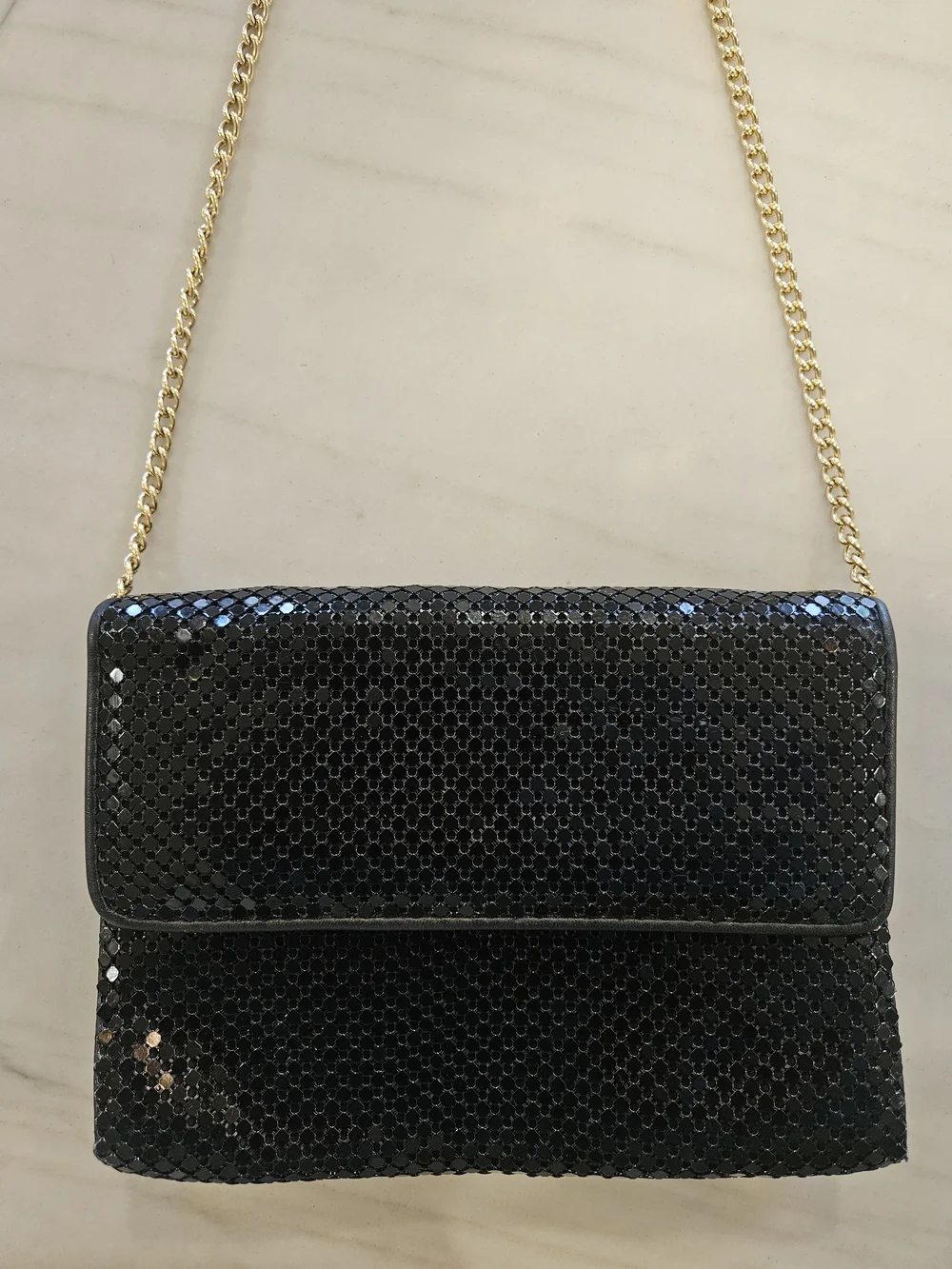 Whiting and Davis Vintage Black Metal Mesh Evening Clutch Purse Gold Strap